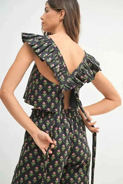 MABLE Floral Print Ruffle Top and Pants Set