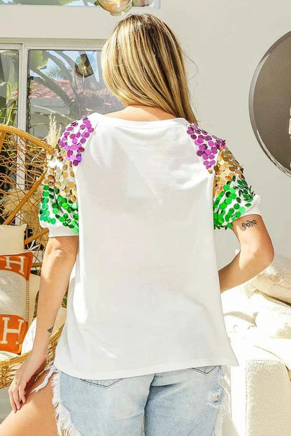 BiBi Sequin Mardi Gras Bottles Spangled Sleeve Top