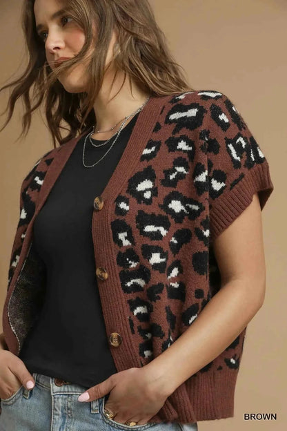 Umgee Leopard Button Down Short Sleeve Cardigan
