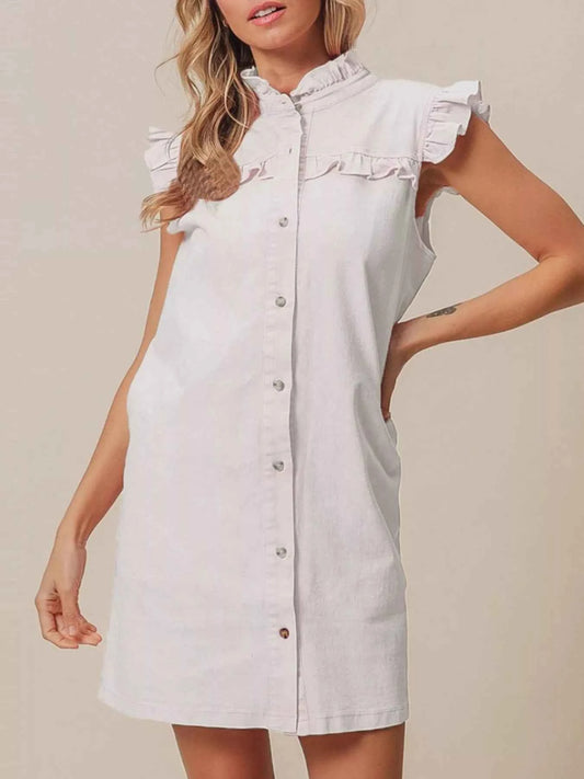 Ruffled Trim Button-Down Denim Dress