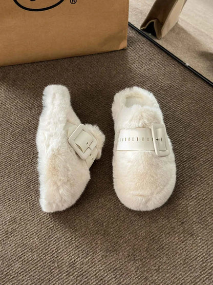 Faux Fur Buckle Slippers