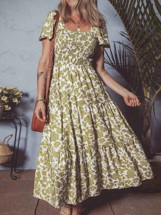 Boho Floral Square Neck Smocked Bust Puff Sleeve Tiered Dress