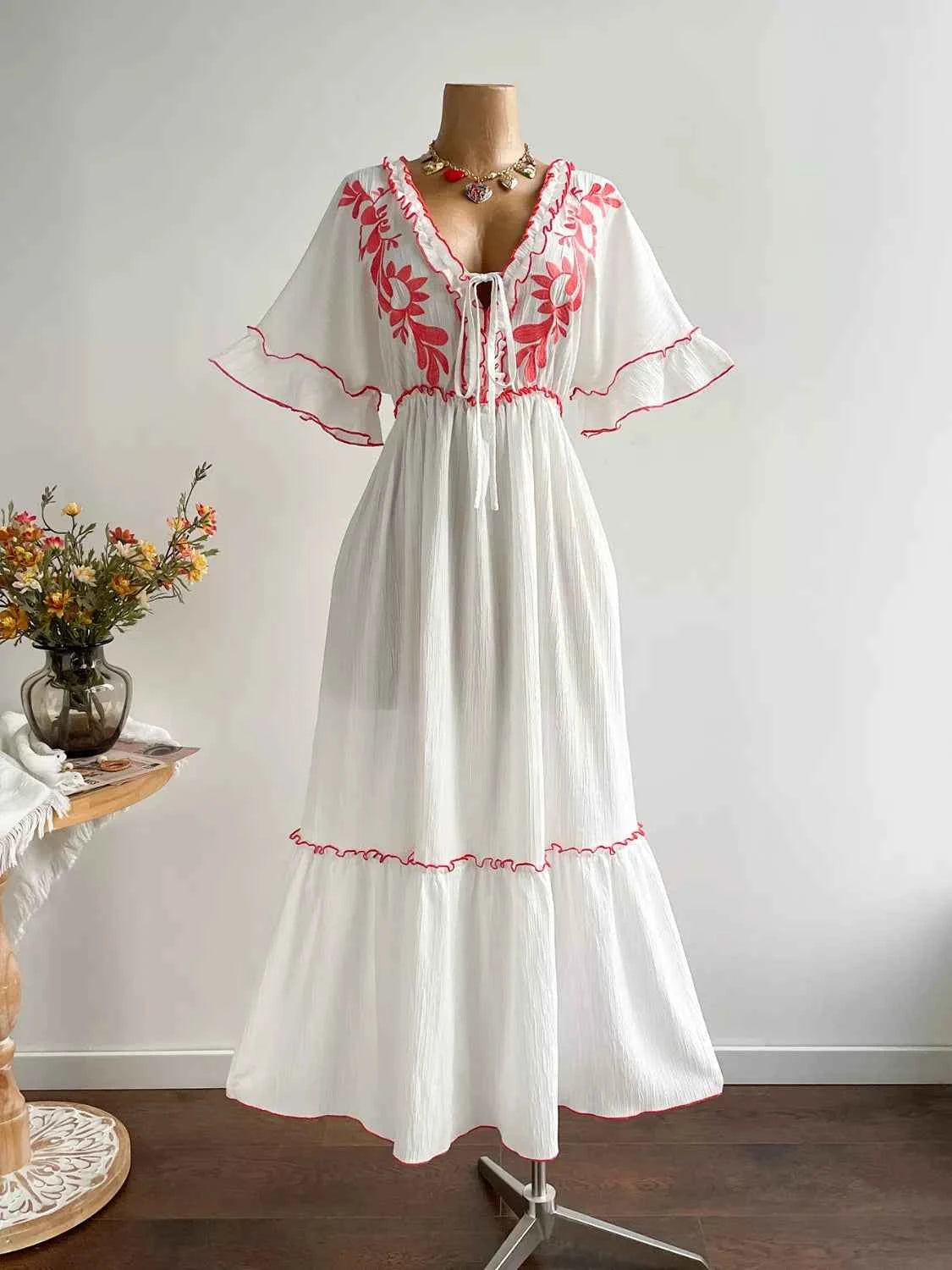 Plus Size Front Tie Maxi Dress with Floral Embroidered