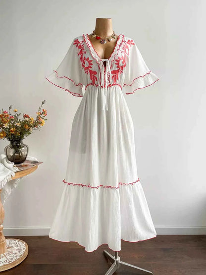 Plus Size Front Tie Maxi Dress with Floral Embroidered