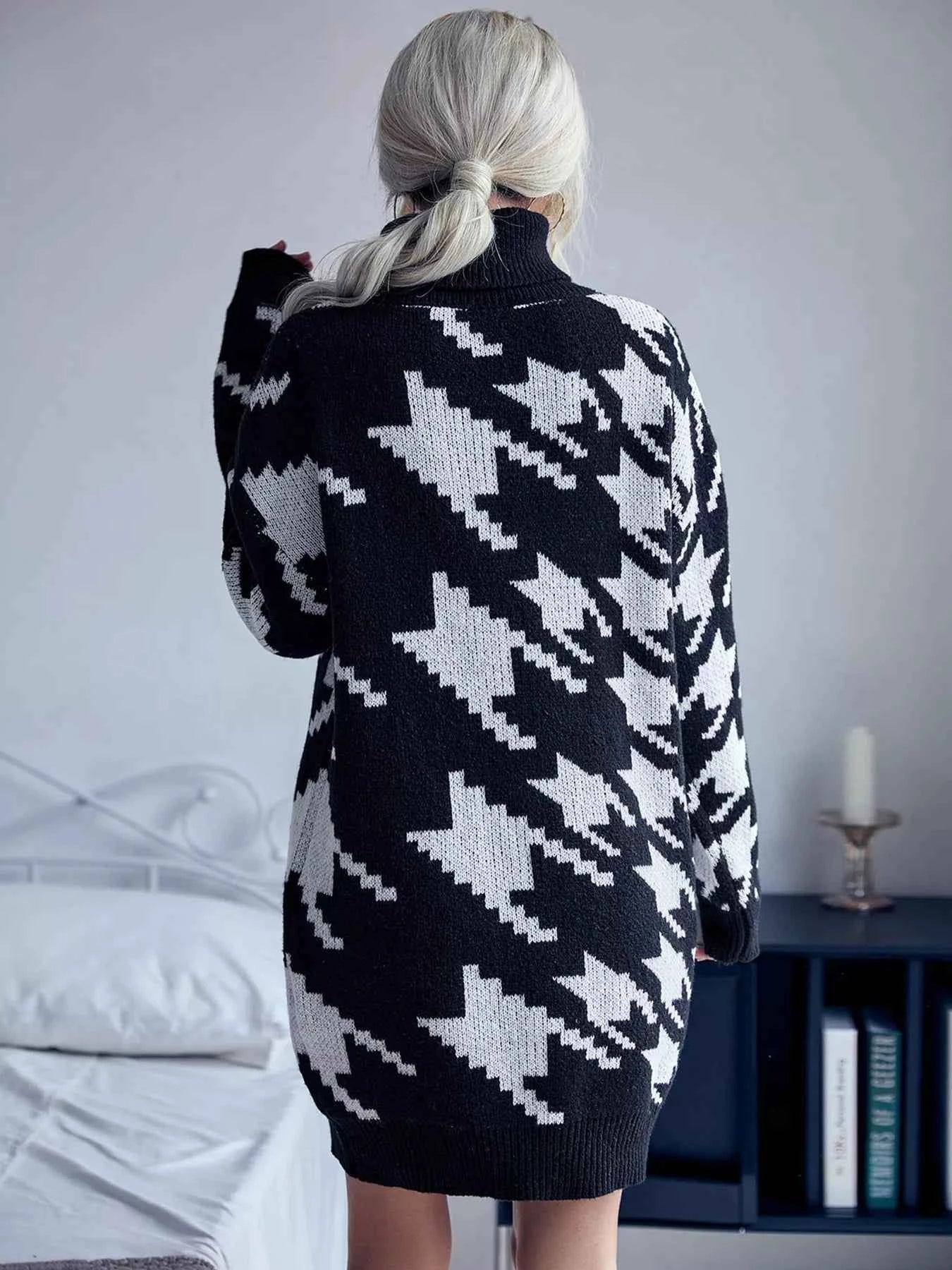Houndstooth Pattern Turtleneck Sweater Dress