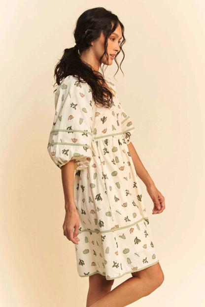 Davi & Dani Cactus Printed Poplin Contrast Piping Mini Dress