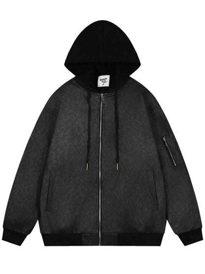 Men's Drawstring Washed Zip Up Hooded Jacket