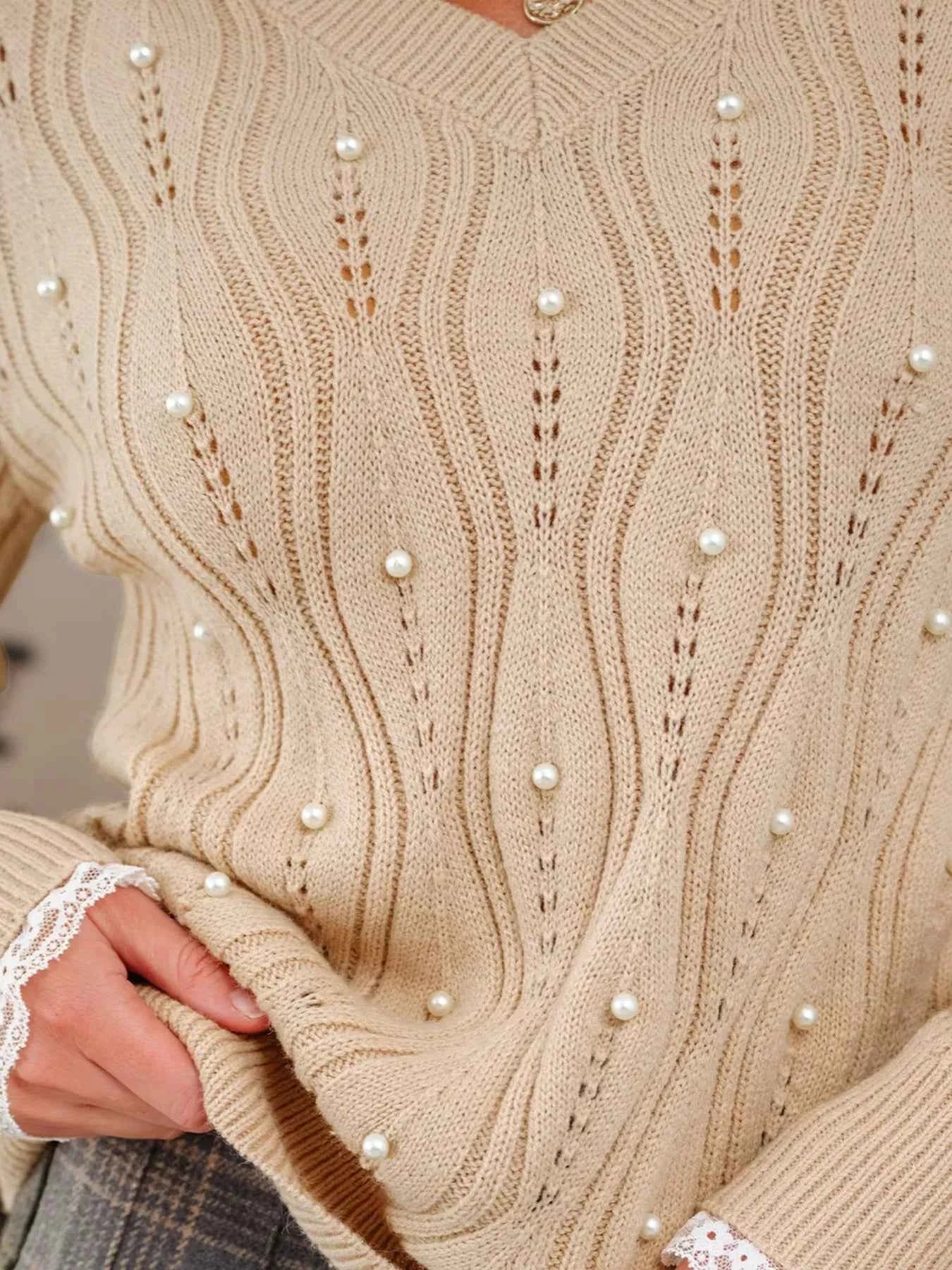 Pearl-Embellished V-Neck Pullover Sweater