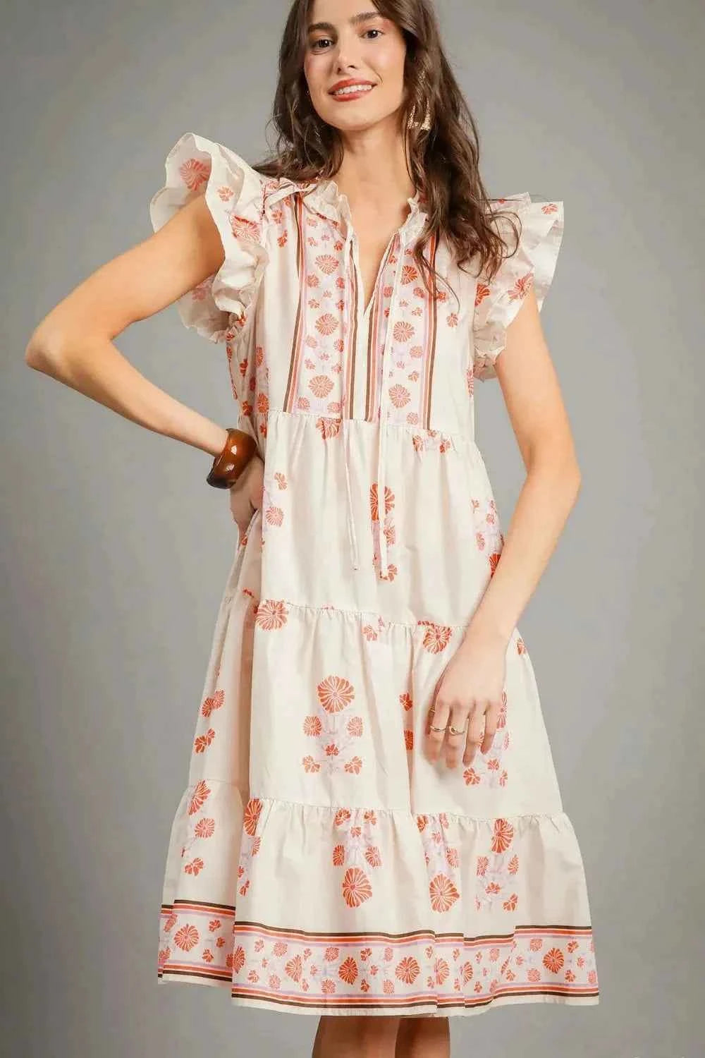 Umgee Printed Tie Neck Ruffle Cap Sleeve Dress