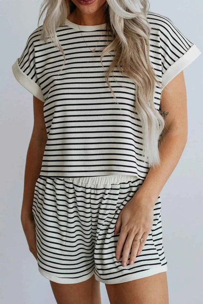 Striped Contrast Top and Shorts Set