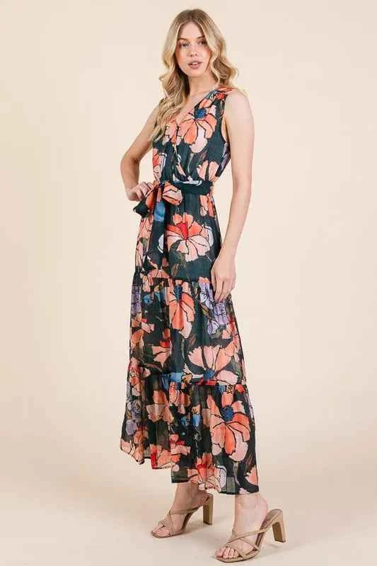 Lime 'N' Chili Floral Print Sleeveless Tie Waist Maxi Dress