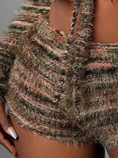 Square Neck Crop Top and Shorts Sweater Set