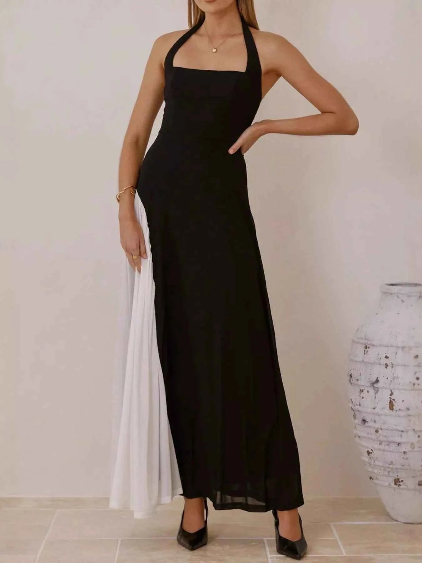 Contrast Halter Neck Maxi Dress