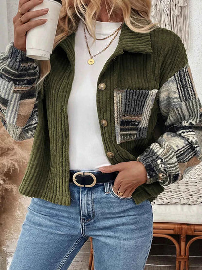 Ribbed Fleece Plaid Print Patchwork Button Up Jacket
