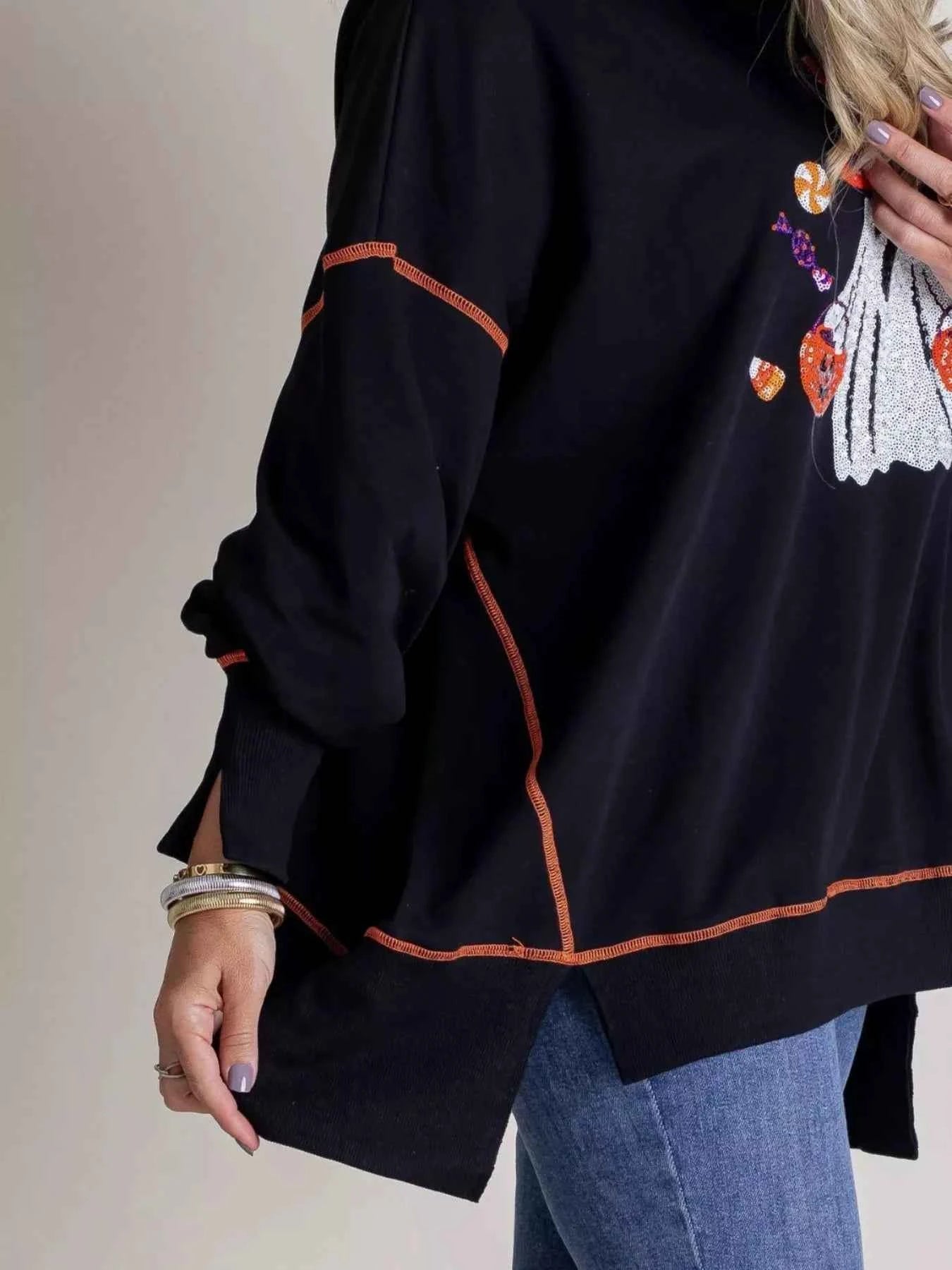 Halloween Ghost Sequin Exposed Seam Sweatshirt