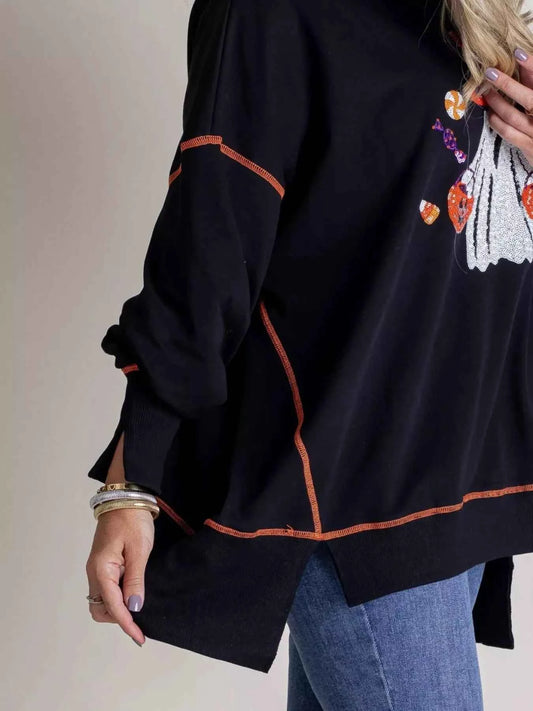 Halloween Ghost Sequin Exposed Seam Sweatshirt
