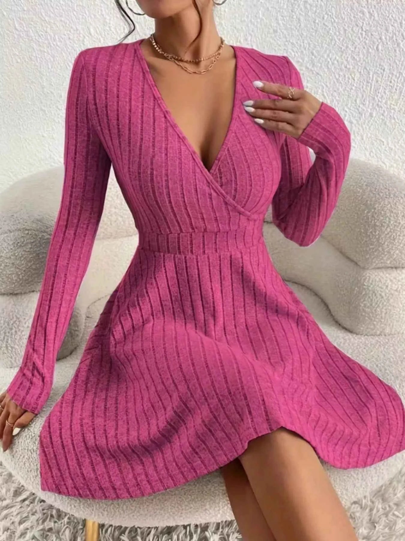 Ribbed Knit Wrap Mini Dress