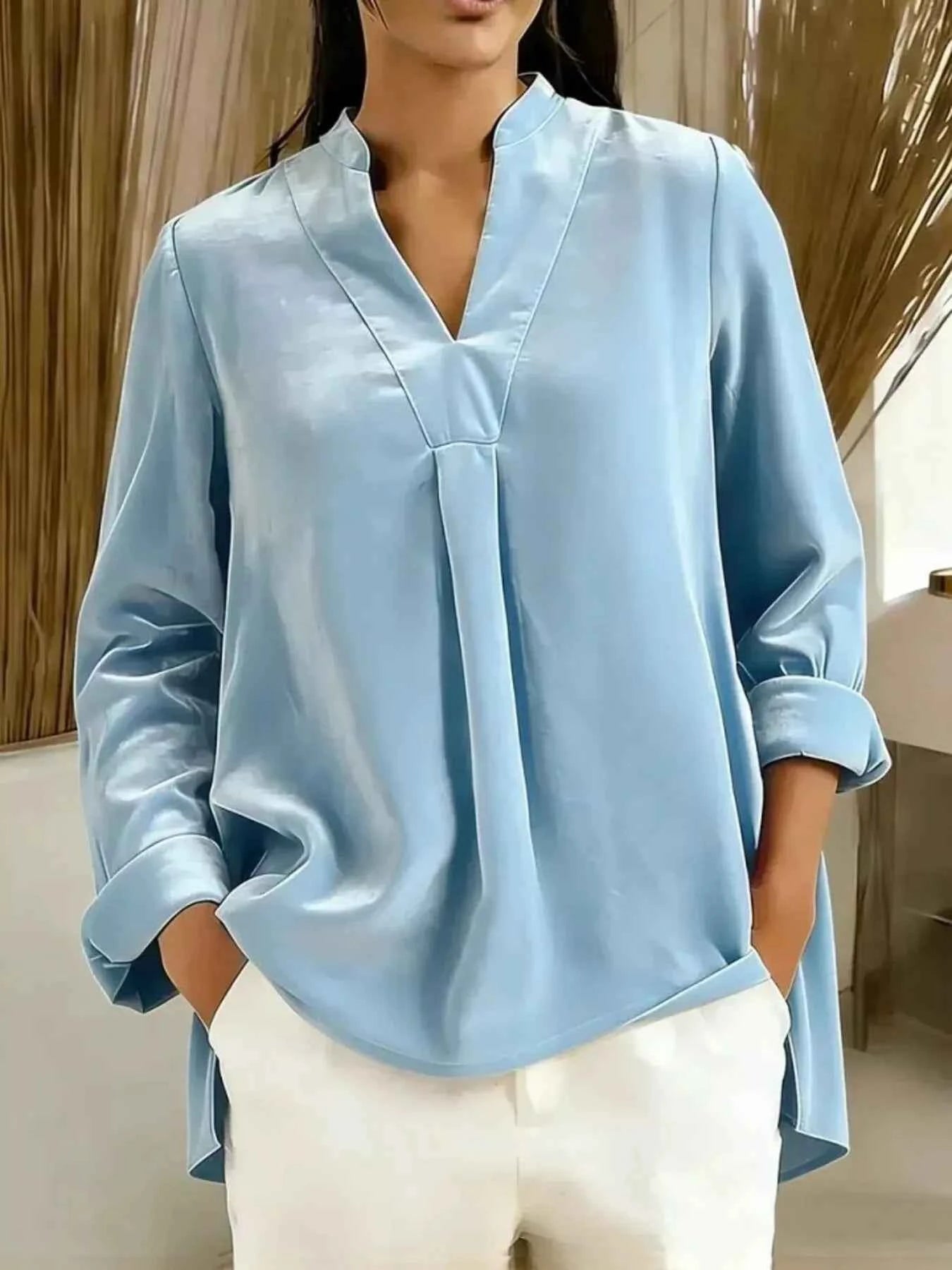 Full Size Velvet Notched Long Sleeve Blouse Plus Size