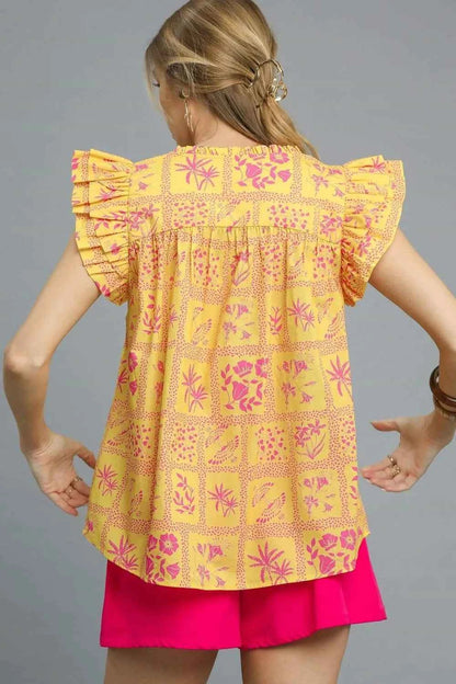Umgee Printed Ruffle Cap Sleeve Blouse