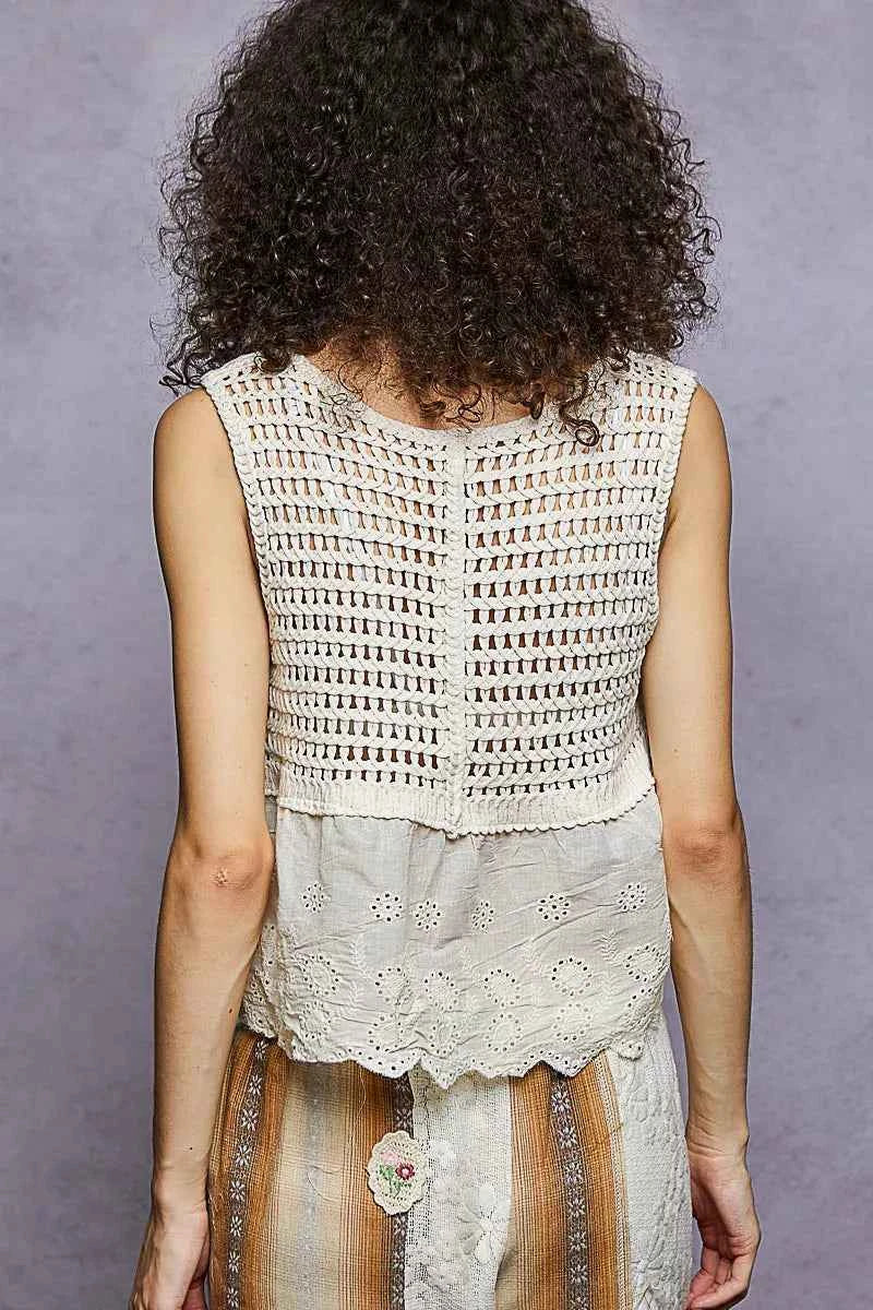 POL Sleeveless Flowy Fit Crochet Top with Scalloped Border Accents