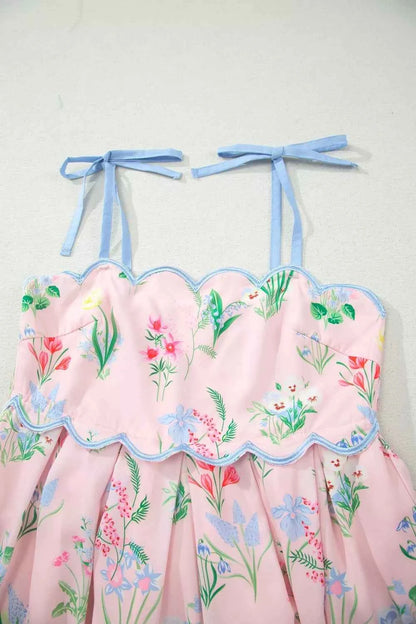 Floral Print Contrast Trim Self-tie Straps High Waist Midi Dress