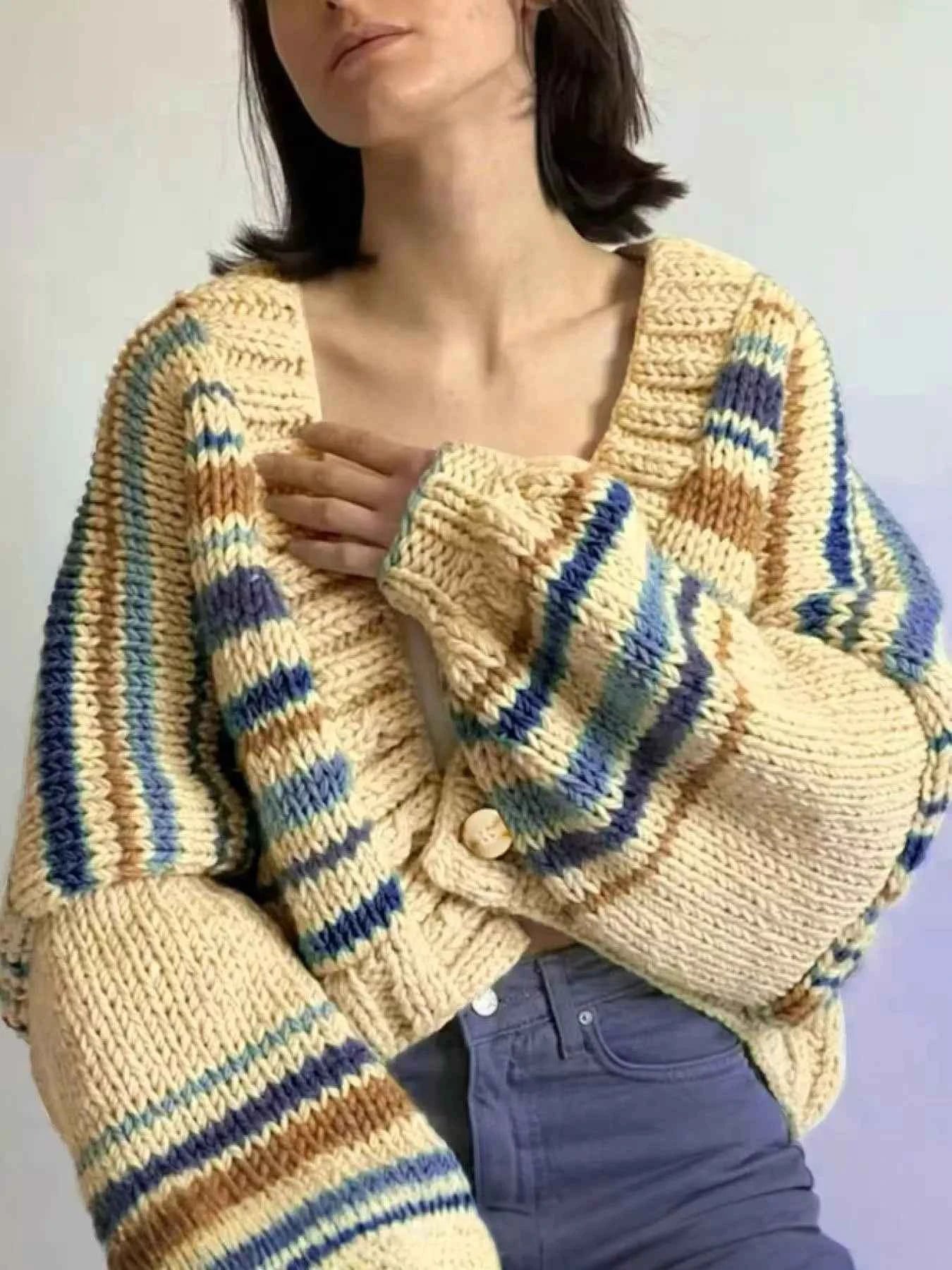 Chunky Knit Striped Cropped Cardigan