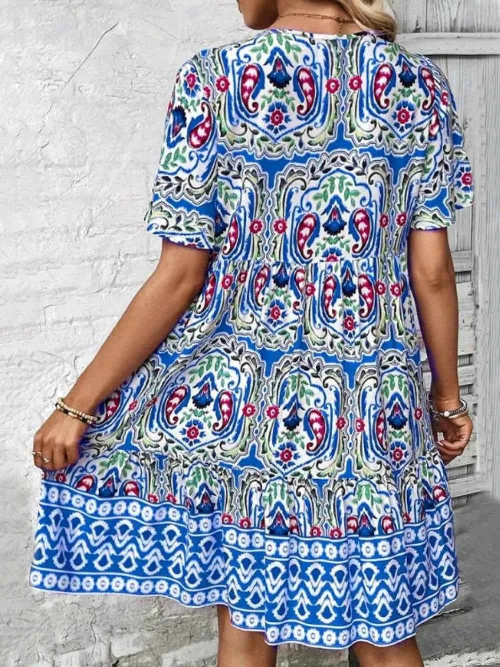Printed Tie Neck Short Sleeve Dress