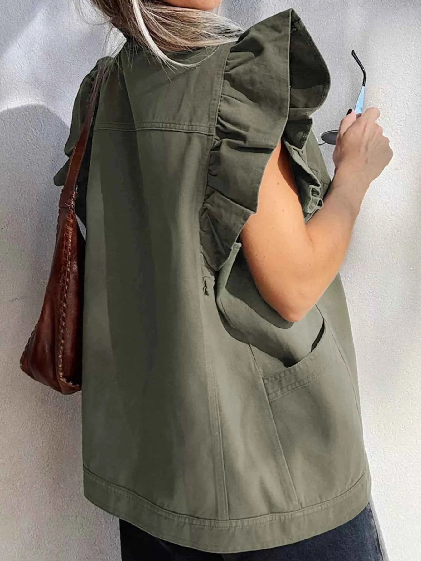 Ruffled Patchwork Denim Jacket Vest