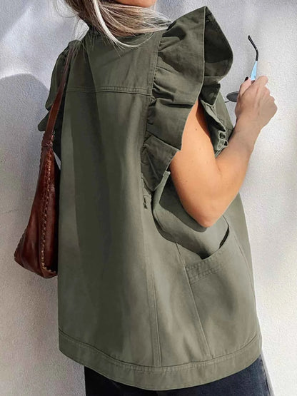 Ruffled Patchwork Denim Jacket Vest