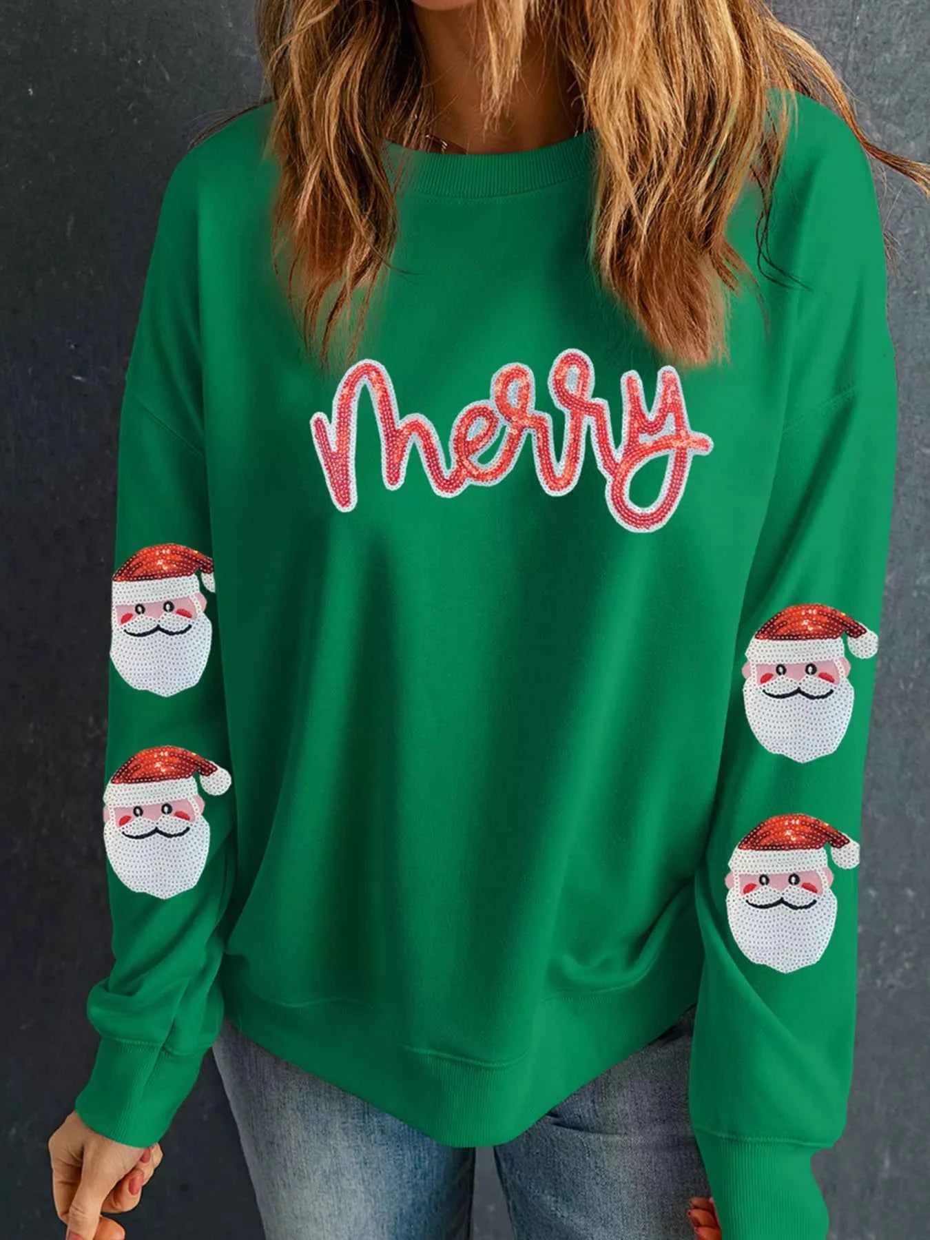 Sequin Letter Graphic Father Christmas Patched Sleeve Drop Shoulder Sweatshirt
