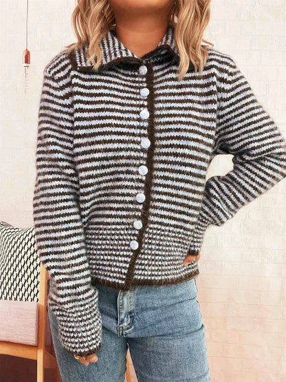 Striped Button-Up Long Sleeve Cardigan