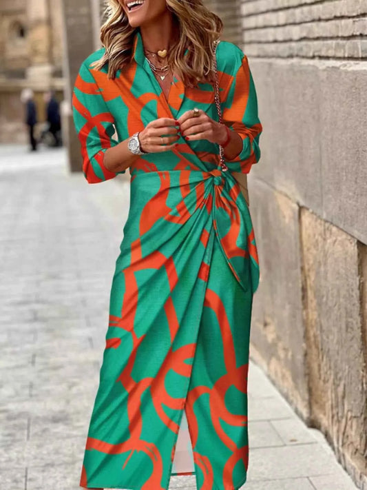 Printed Collared Neck Shirt Dress