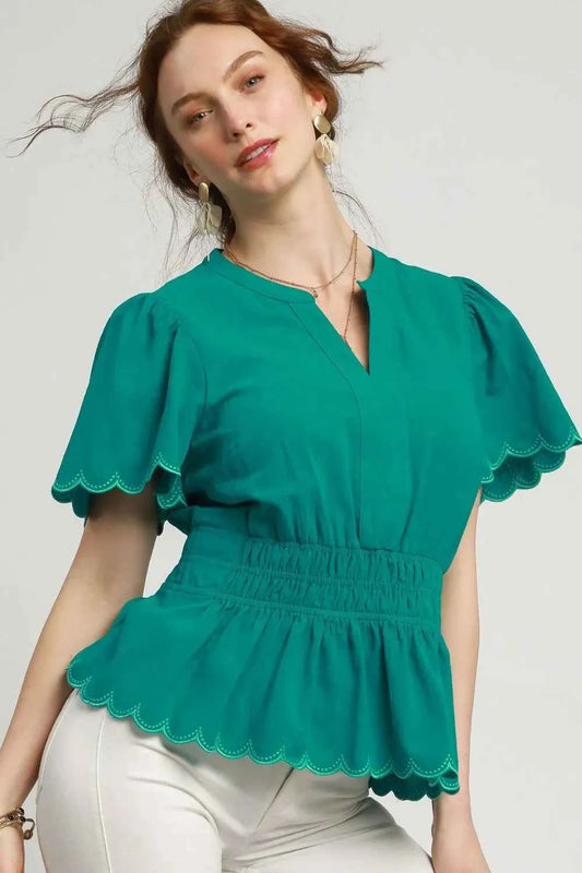 Umgee Scalloped Edge Flutter Sleeve Blouse