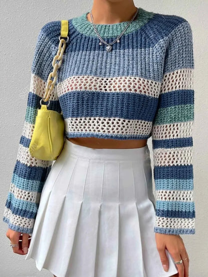 Openwork Striped Color Block Crop Sweater