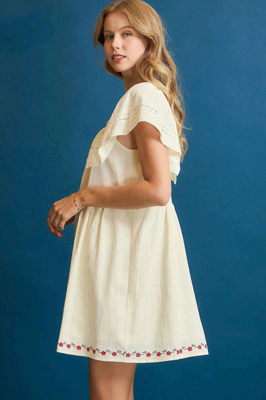 Umgee Embroidered Floral Flutter Sleeve Mini Dress