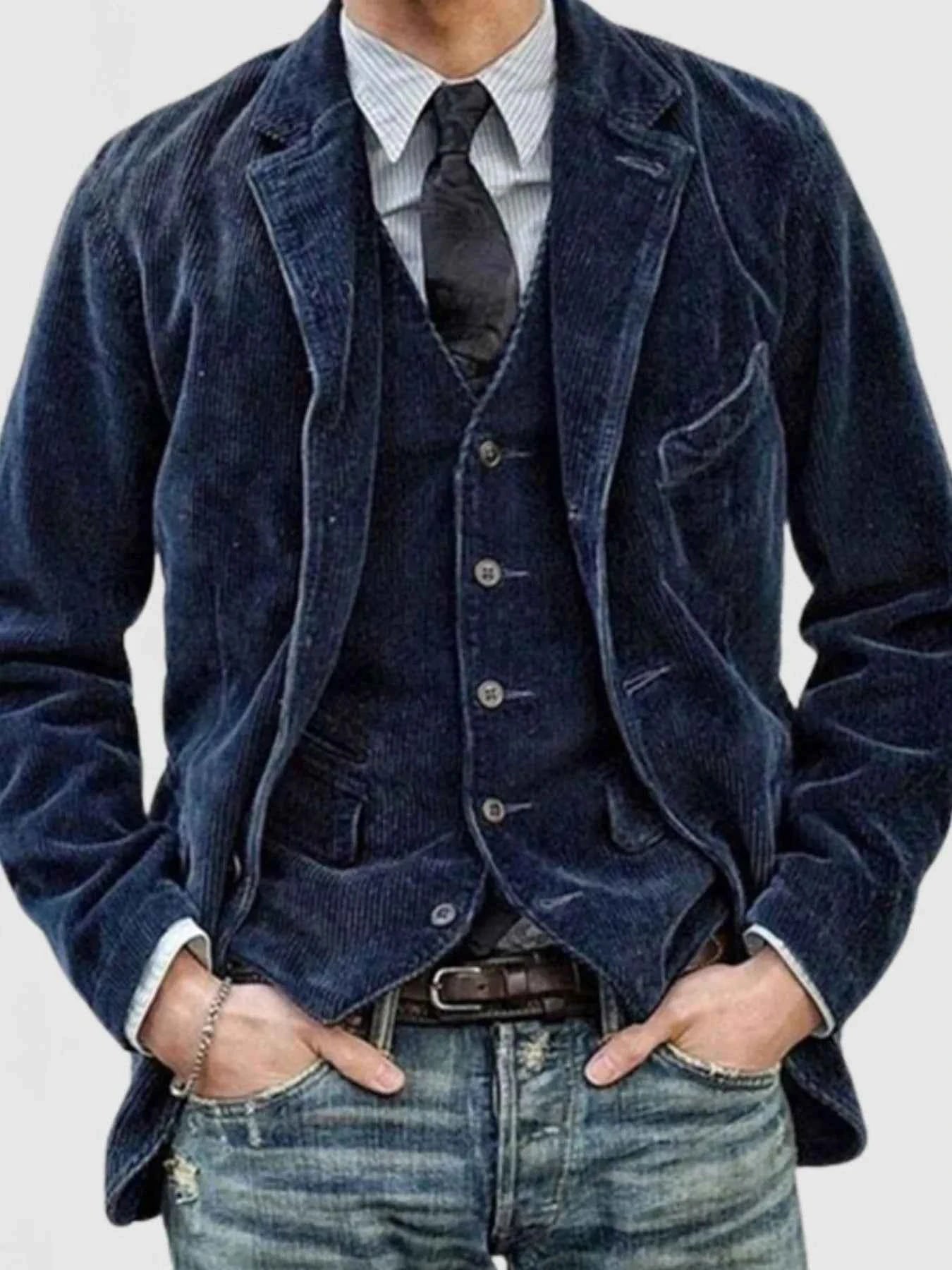Men's Full Size Button Up Lapel Collar Corduroy Blazer Plus Size