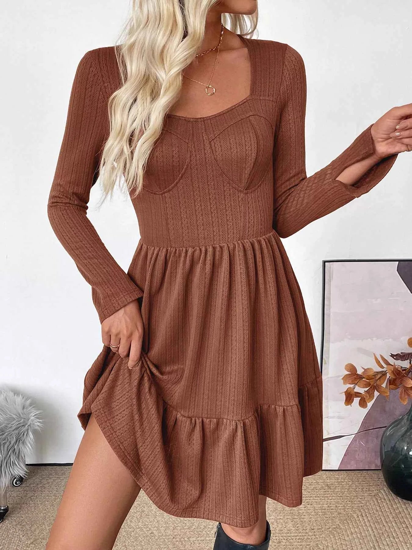 Ruffled Hem Long Sleeve Knit Dress