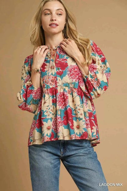 Umgee Mix Floral Peplum Blouse with Tie Neck