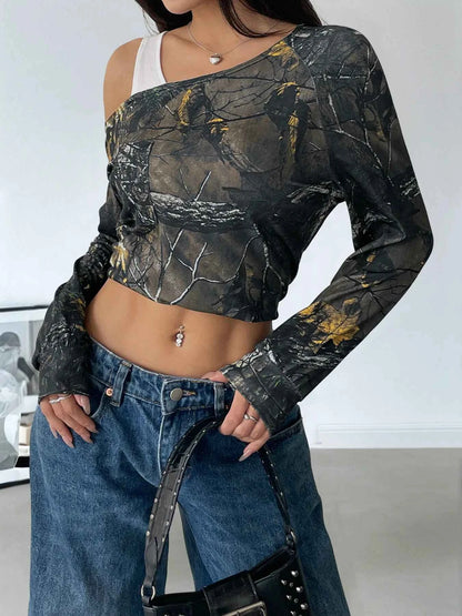 Asymmetrical Neck Printed Long Sleeve Top