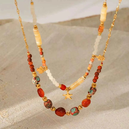 2 Piece 18K Gold-Plated Natural Stone Bead Necklace