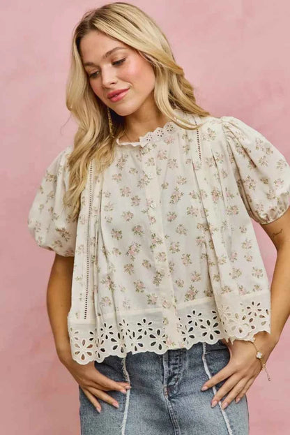 SO ME Floral Print Lace Trim Short Sleeves Blouse