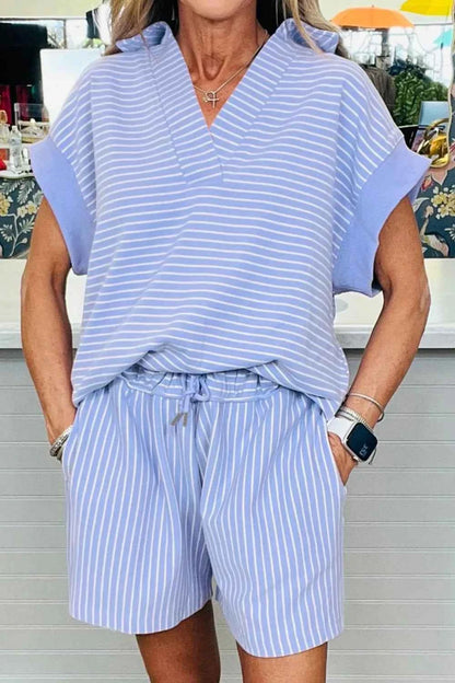 Casual Striped Short Sleeve Top and Shorts Two-Piece Set