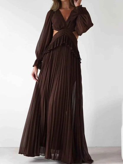 Backless Pleated Long Sleeve Maxi Dress