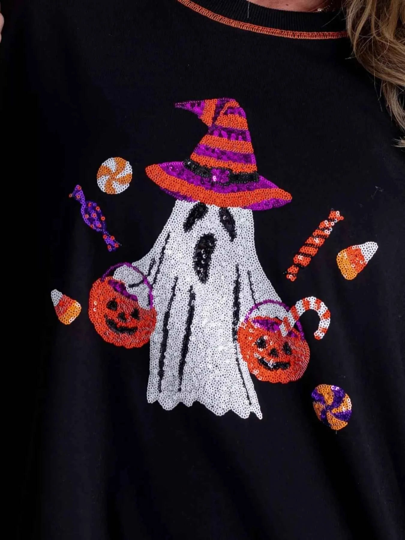 Halloween Ghost Sequin Exposed Seam Sweatshirt