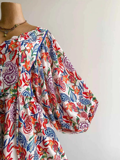 Plus Size Boho Floral Print Button-Down Romper