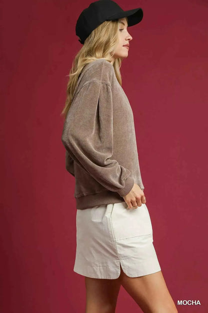 Umgee Velour Crewneck Balloon Sleeve Sweatshirt
