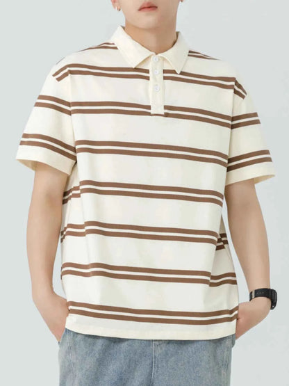 Men's Plus Size Striped Button Detail Short Sleeve Polo