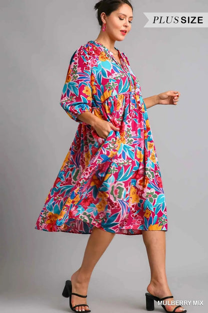 Umgee Full Size Floral Print Tie Neck Midi Dress with Pockets Plus Size