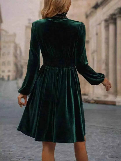 Velvet High Neck Long Sleeve A-Line Dress