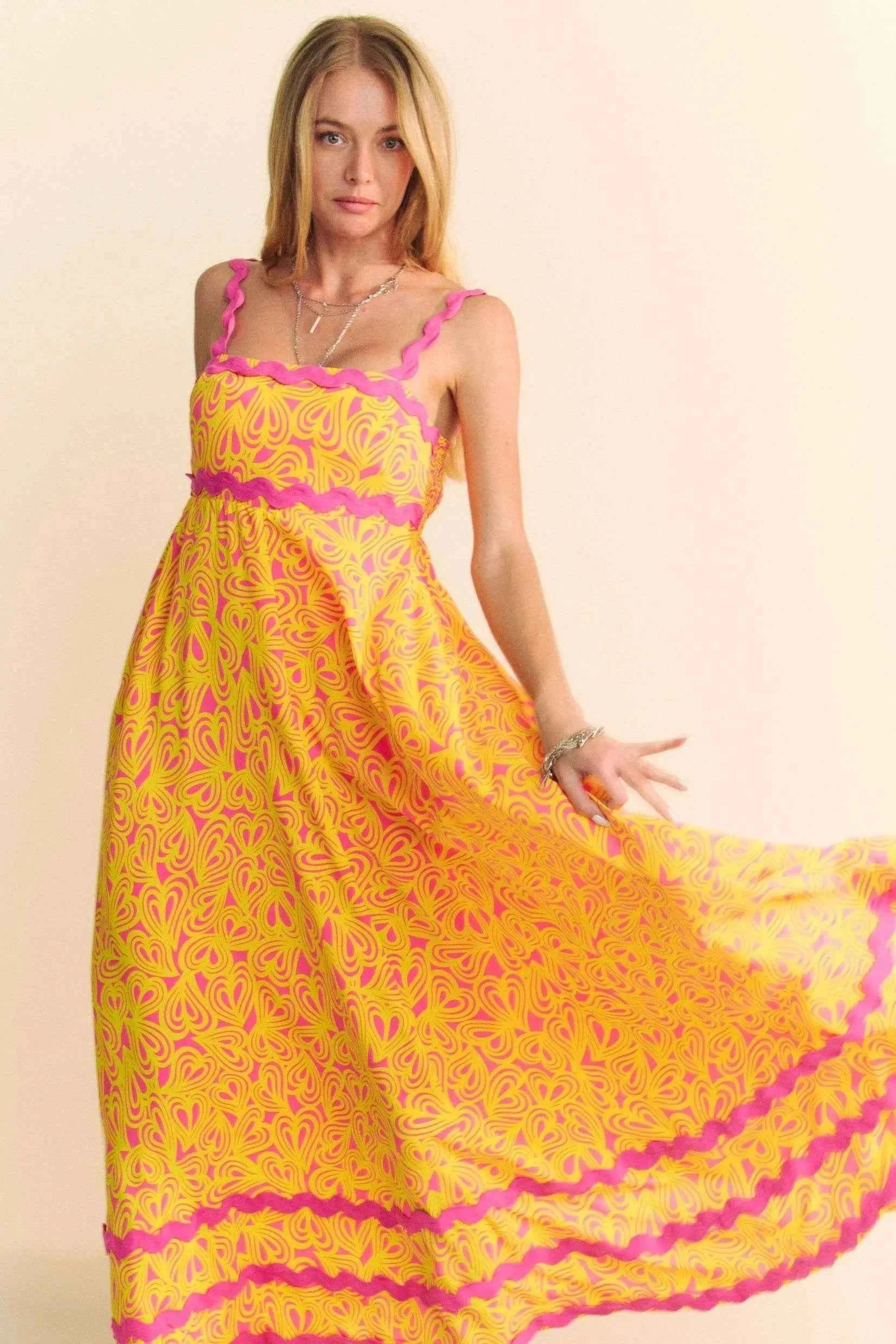 Davi & Dani Geo 2 Tone Printed Wavi Trim Tiered Maxi Dress